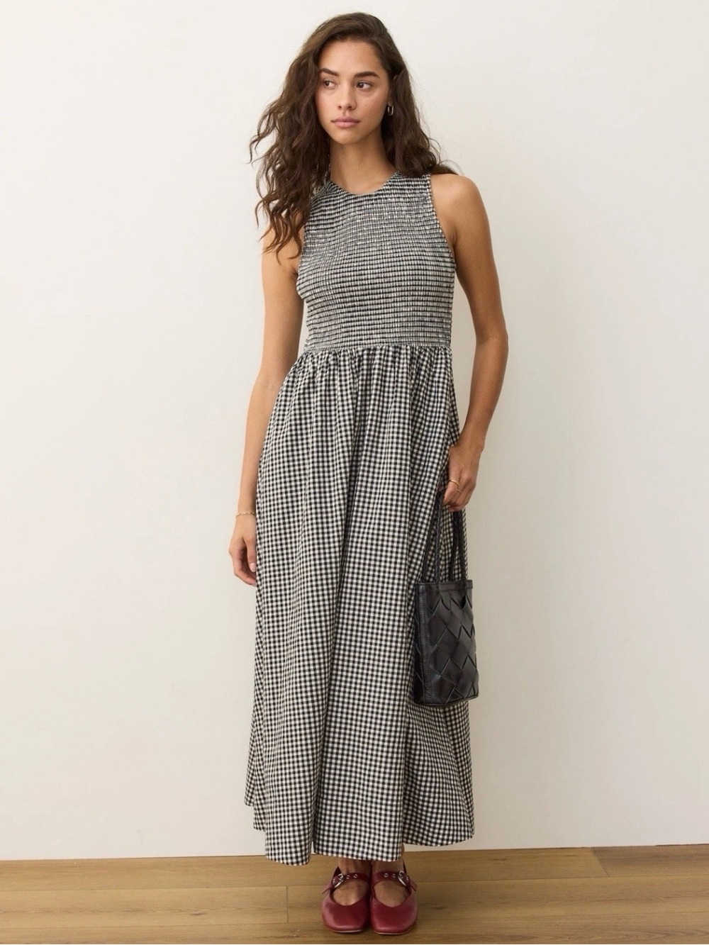Marine Layer Darcy Smocked Poplin Dress M  Pima Cotton Black White Gingham New